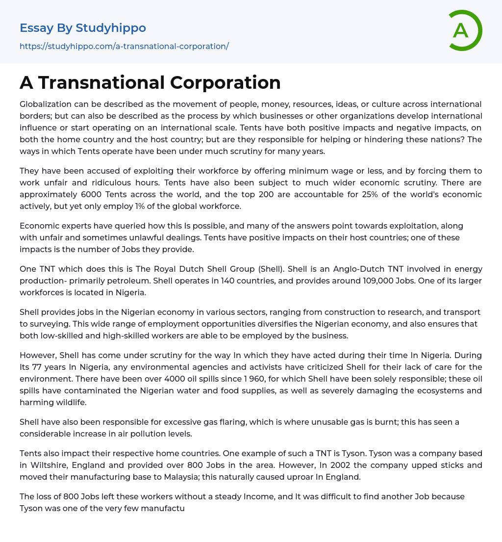 A Transnational Corporation Essay Example