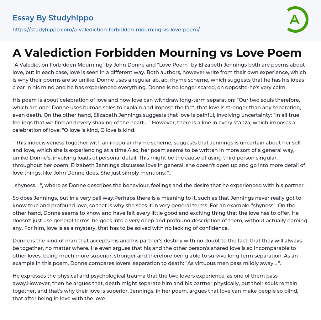 A Valediction Forbidden Mourning vs Love Poem Essay Example