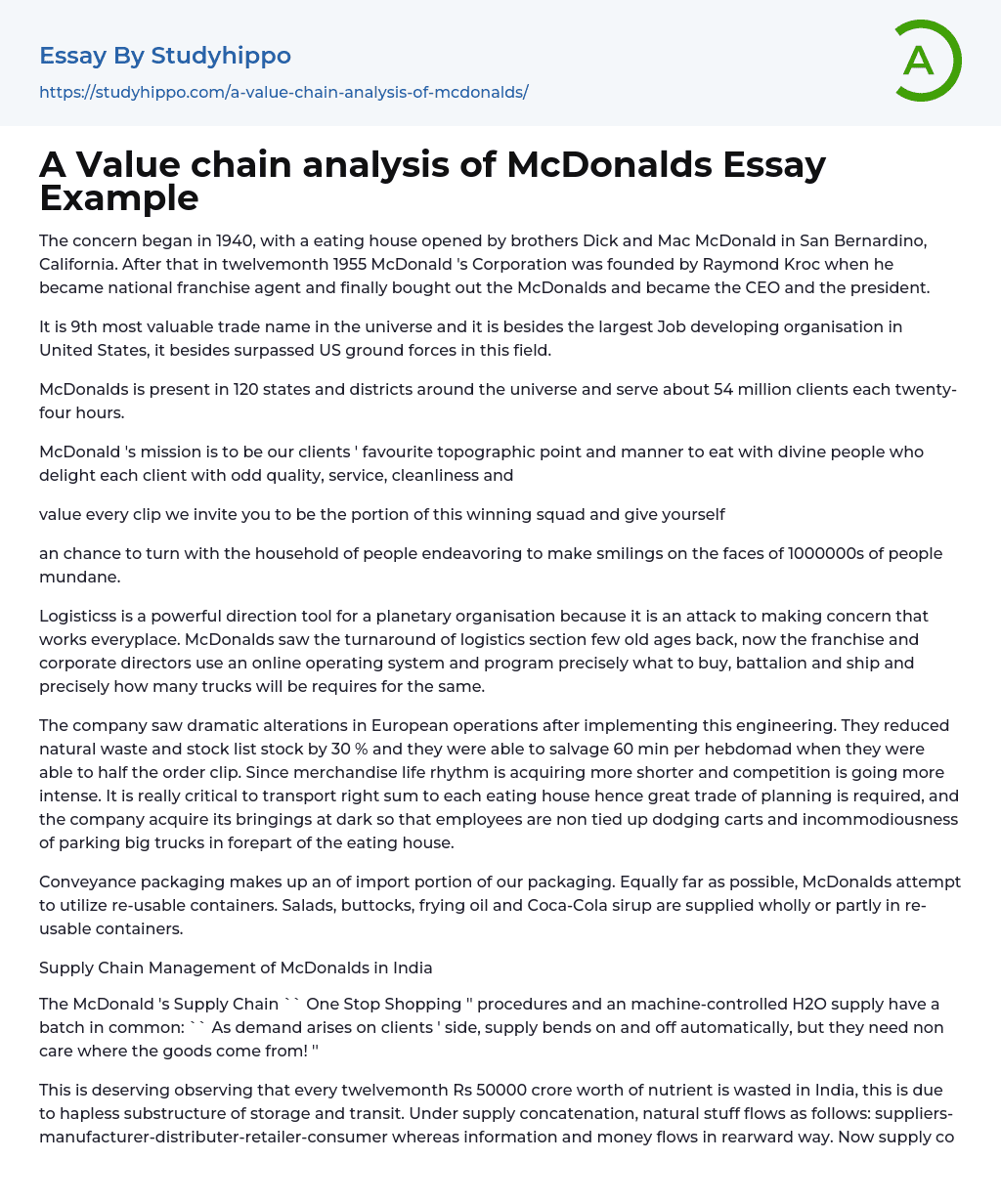 A Value chain analysis of McDonalds Essay Example