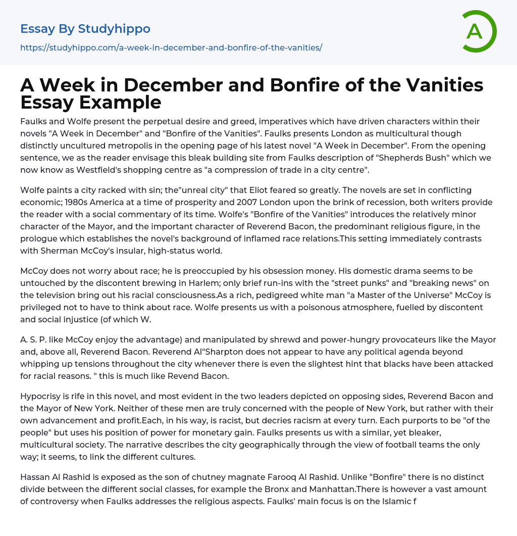 A Week in December and Bonfire of the Vanities Essay Example