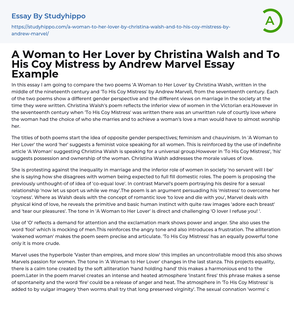 A Woman to Her Lover by Christina Walsh and To His Coy Mistress by Andrew Marvel Essay Example