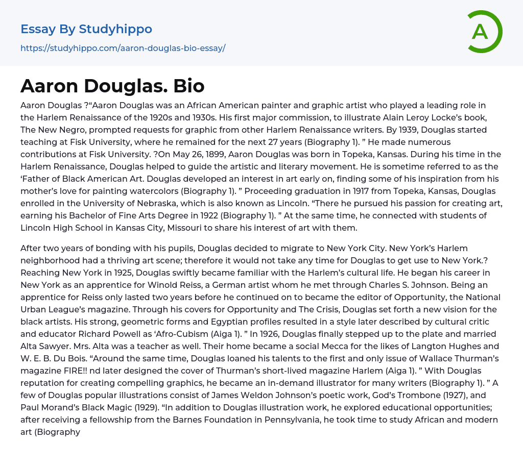 Aaron Douglas. Bio Essay Example