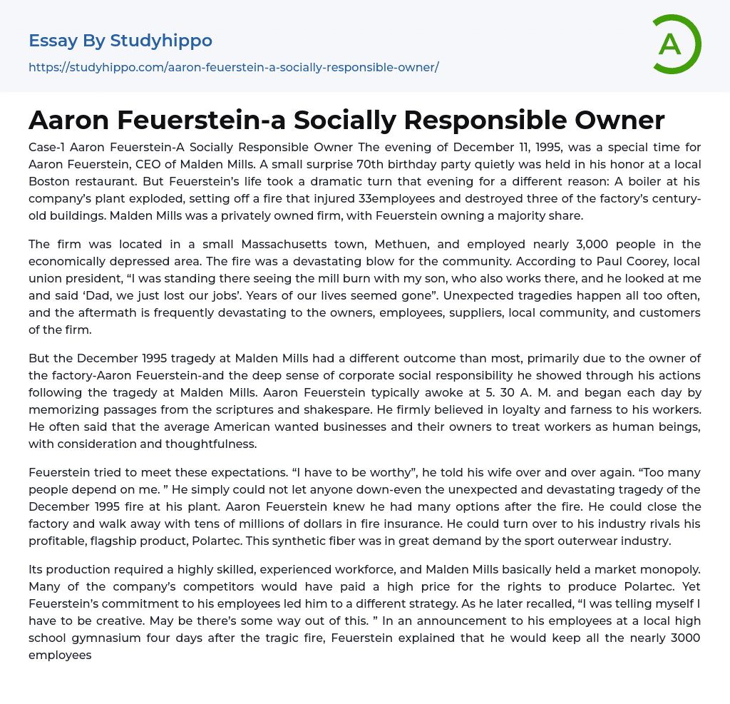 Aaron Feuerstein-a Socially Responsible Owner Essay Example
