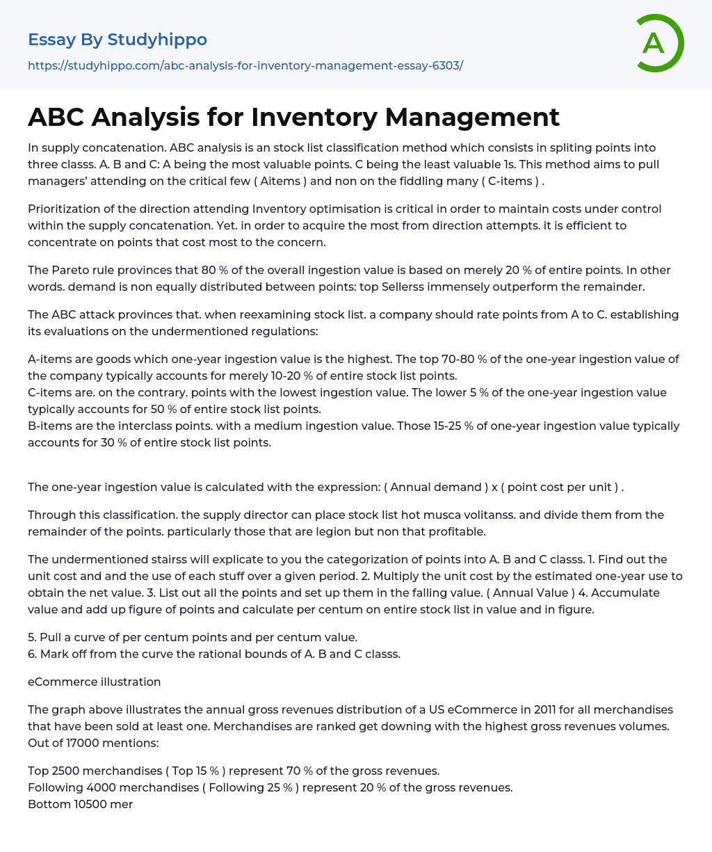 ABC Analysis for Inventory Management Essay Example