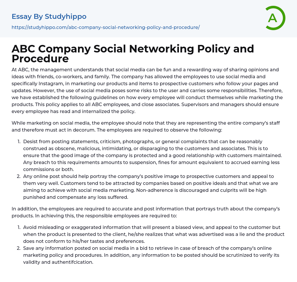 ABC Company Social Networking Policy and Procedure Essay Example