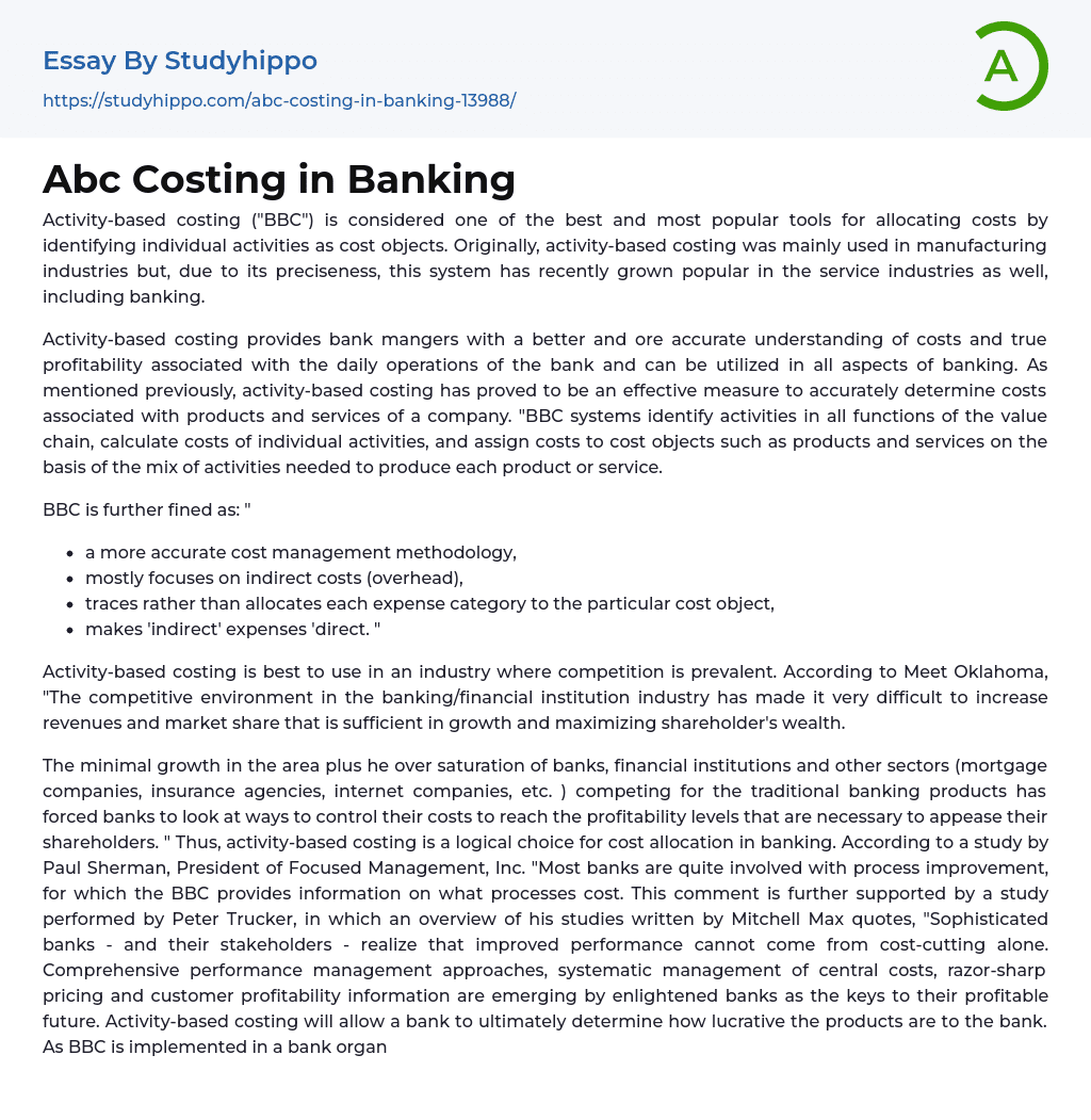 Abc Costing in Banking Essay Example