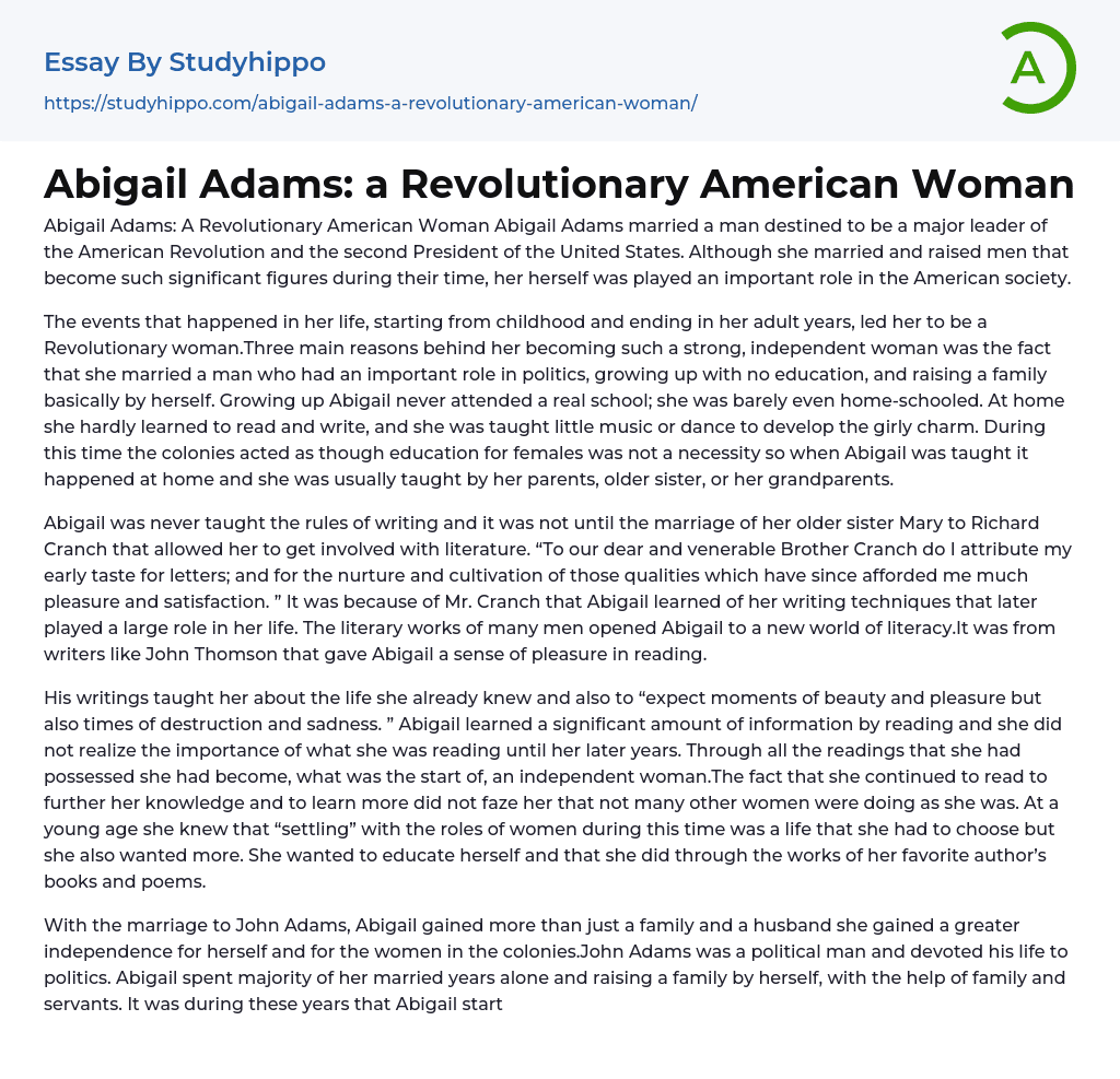 Abigail Adams: a Revolutionary American Woman Essay Example