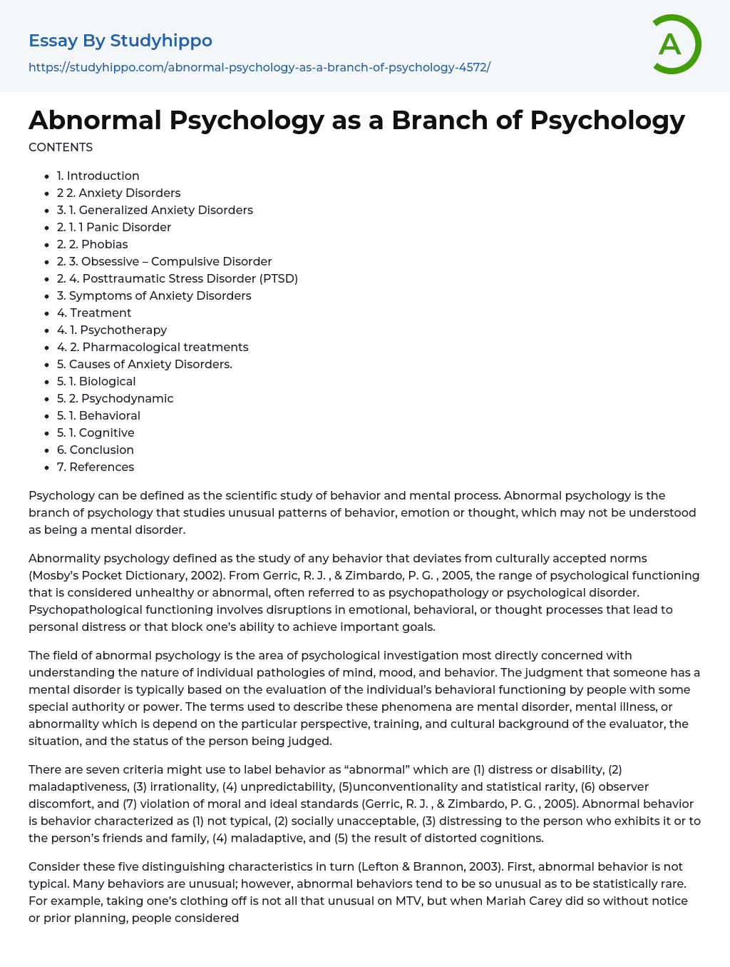 Abnormal Psychology as a Branch of Psychology Essay Example