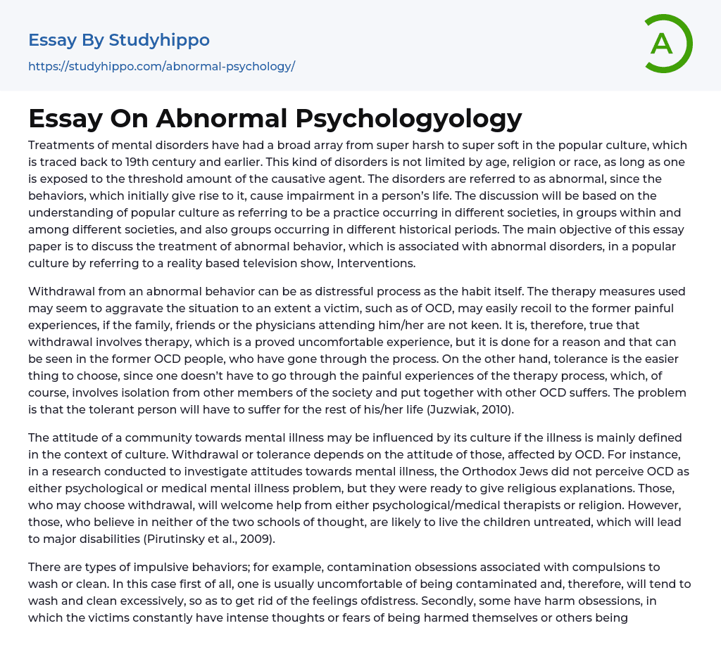 Essay On Abnormal Psychologyology