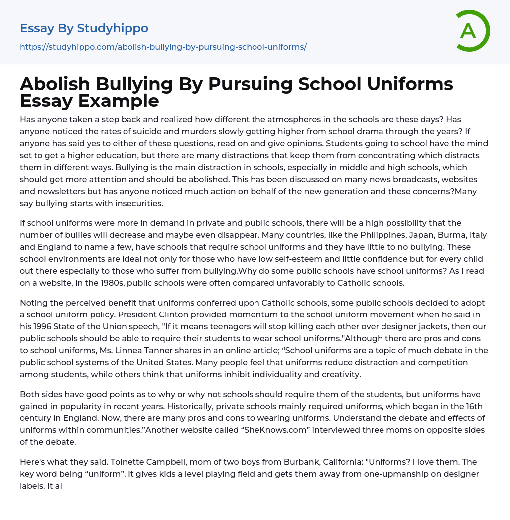 Abolish Bullying By Pursuing School Uniforms Essay Example