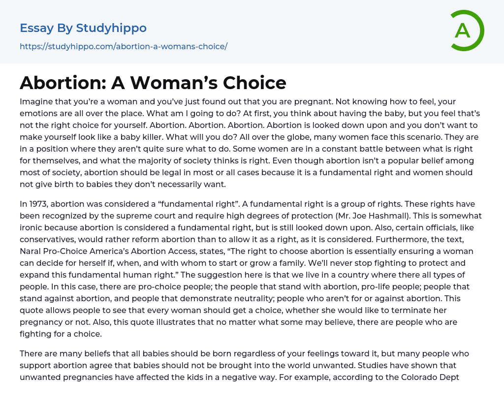 Abortion: A Woman’s Choice Essay Example