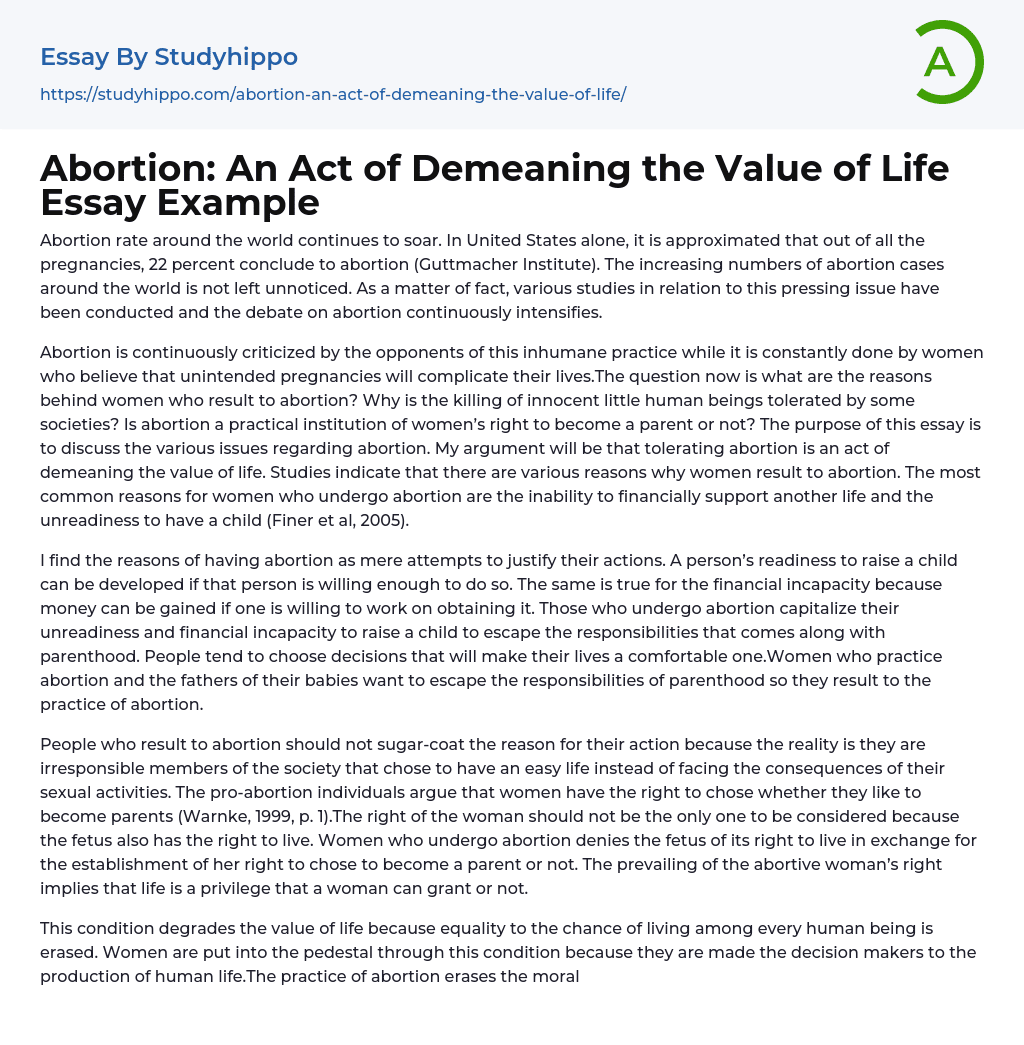 Abortion: An Act of Demeaning the Value of Life Essay Example