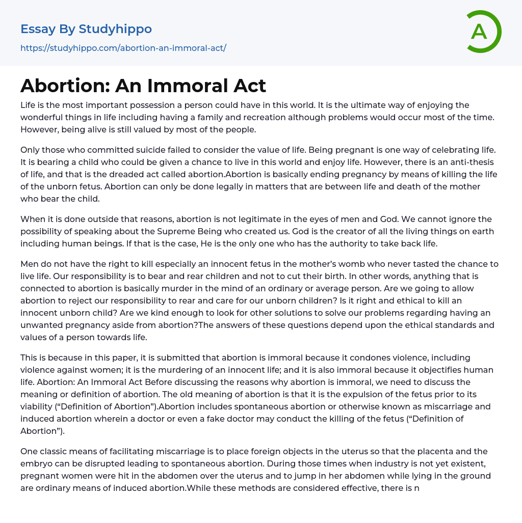 Abortion: An Immoral Act Essay Example