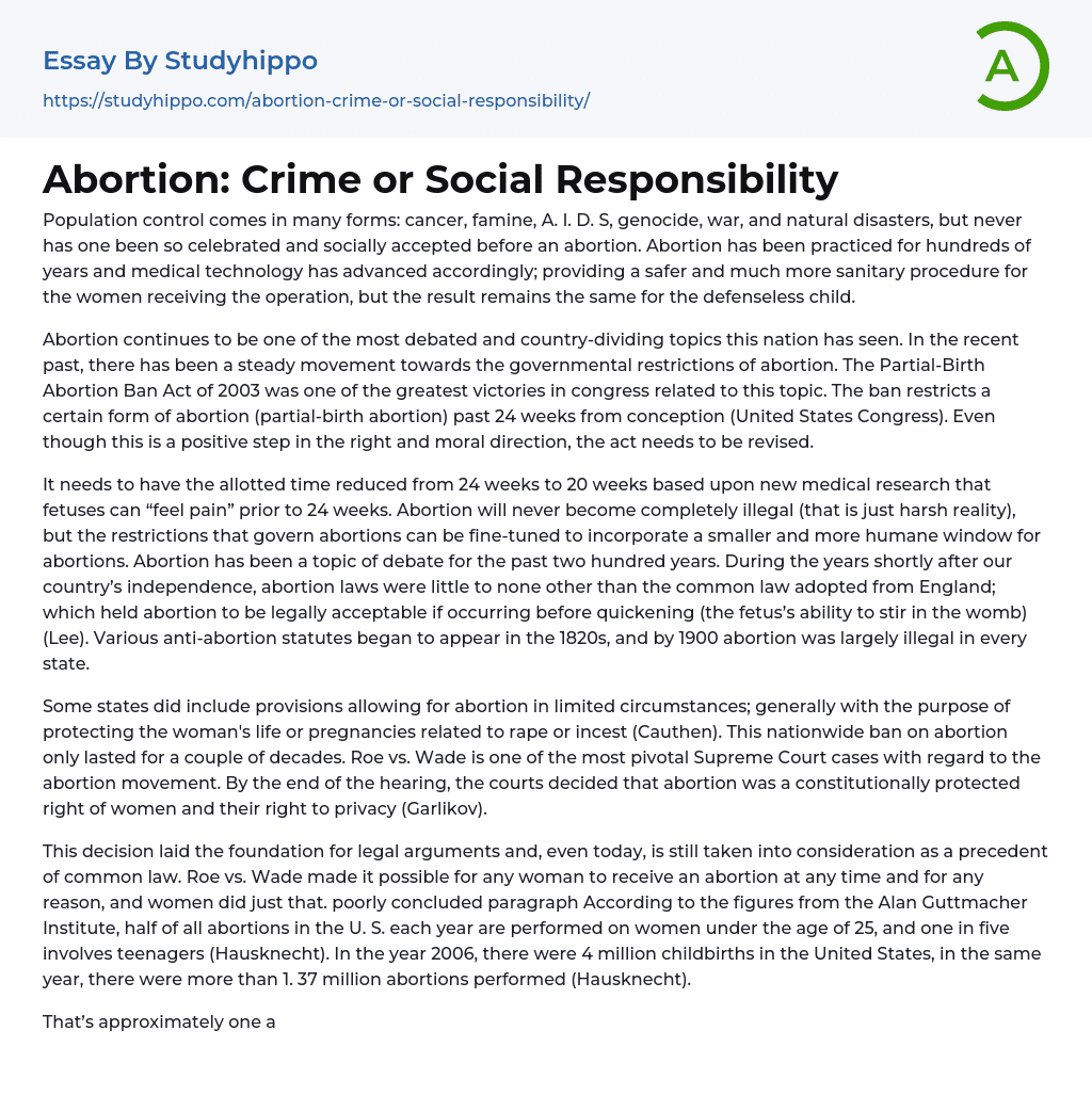 Abortion: Crime or Social Responsibility Essay Example