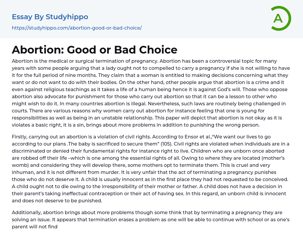 Abortion: Good or Bad Choice Essay Example