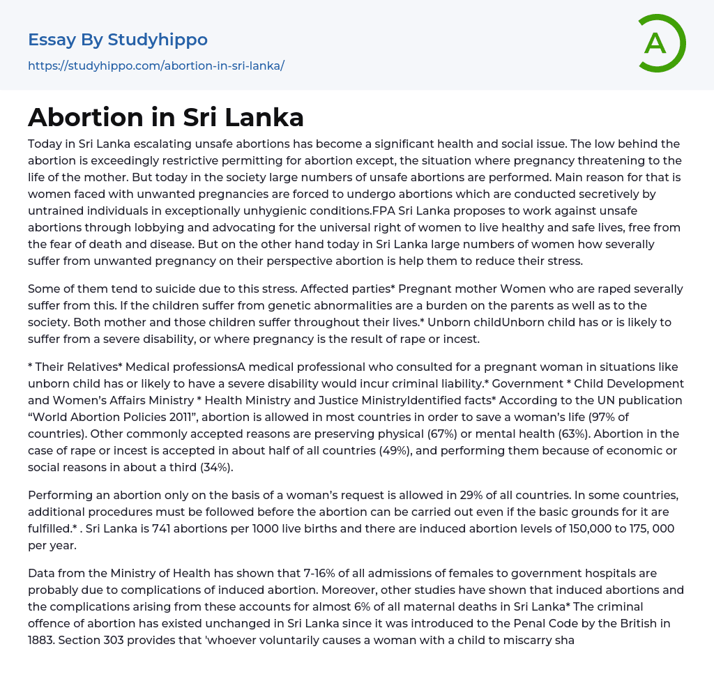 Abortion in Sri Lanka Essay Example