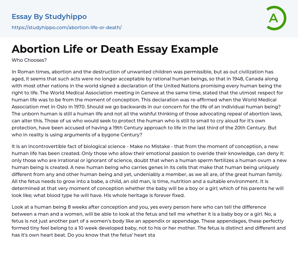 Abortion Life or Death Essay Example