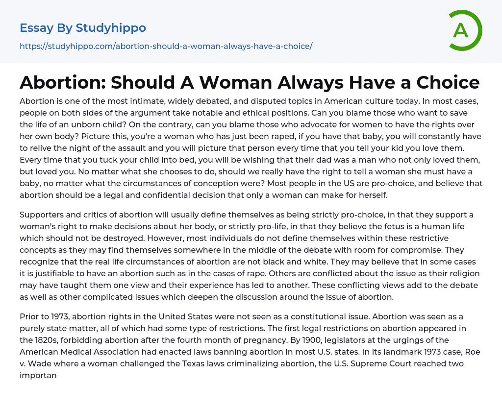 Abortion: Should A Woman Always Have a Choice Essay Example
