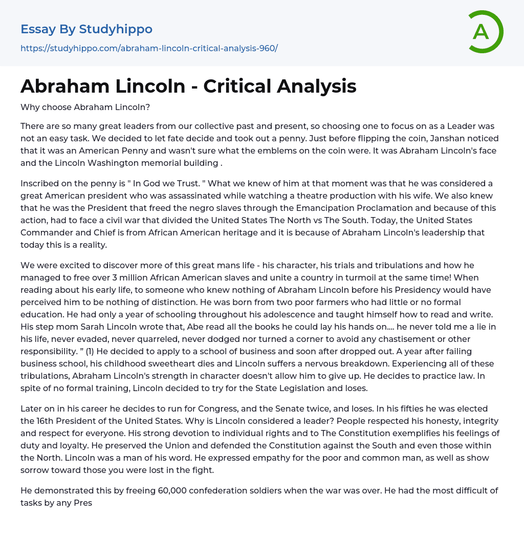 Abraham Lincoln – Critical Analysis Essay Example