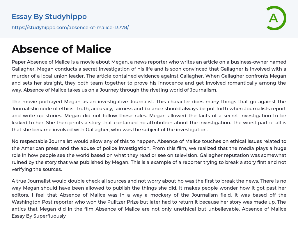 Absence of Malice Essay Example