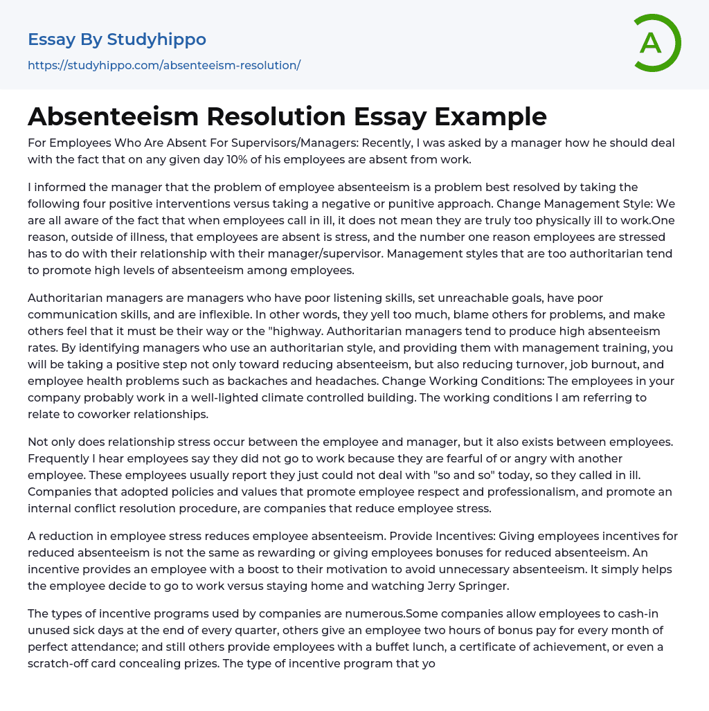 Absenteeism Resolution Essay Example