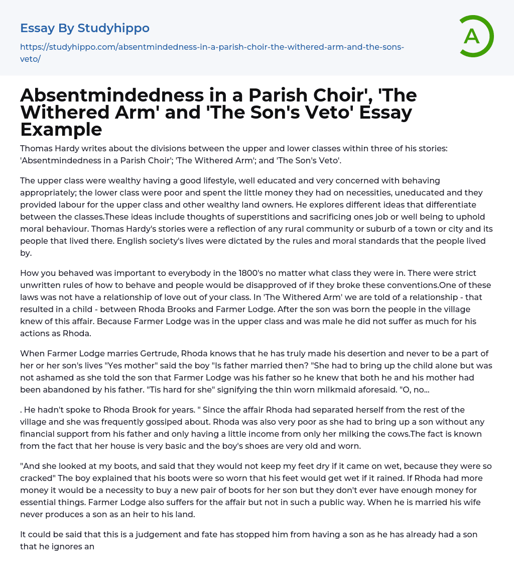 Absentmindedness in a Parish Choir’, ‘The Withered Arm’ and ‘The Son’s Veto’ Essay Example