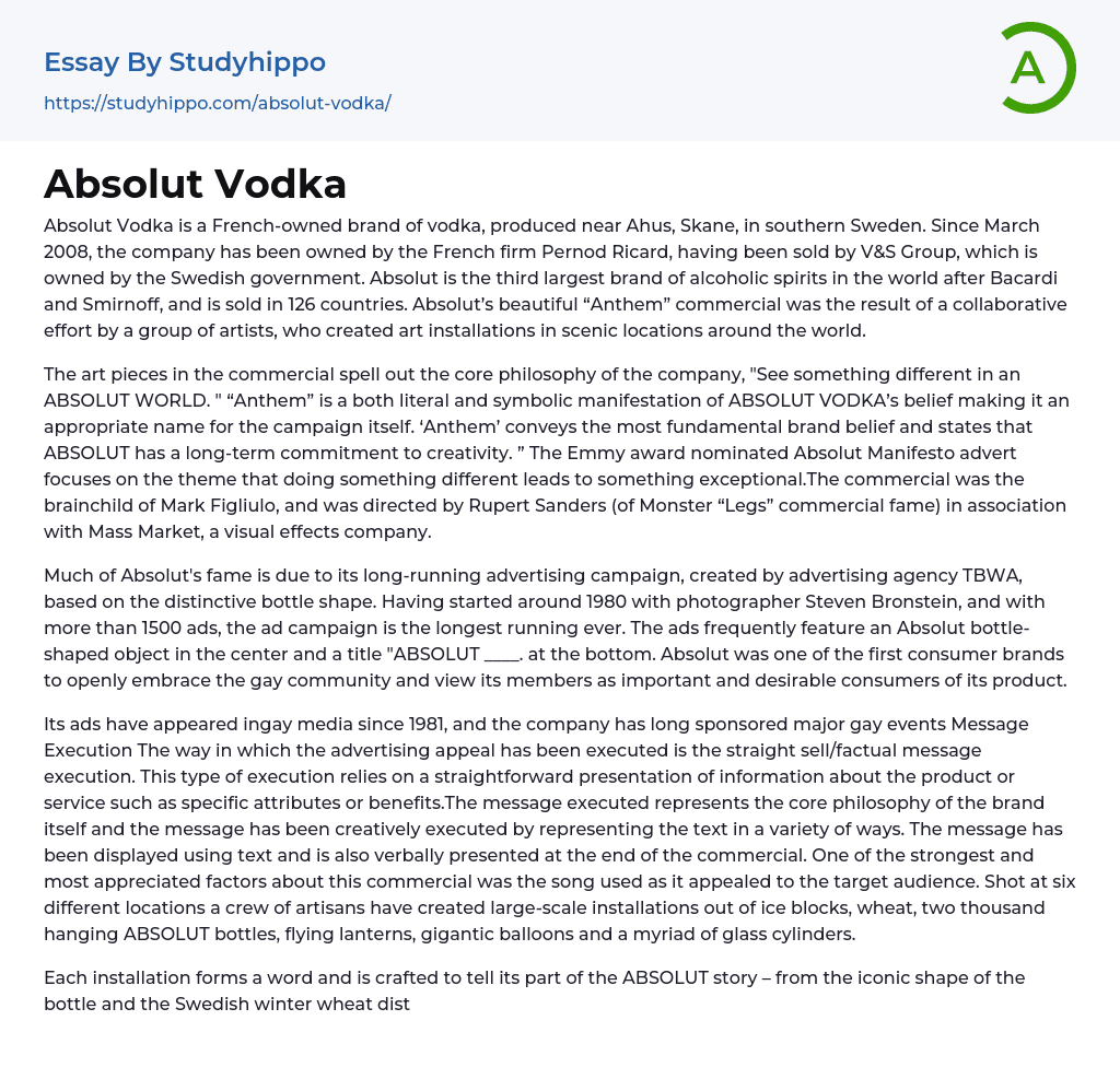 Absolut Vodka Essay Example