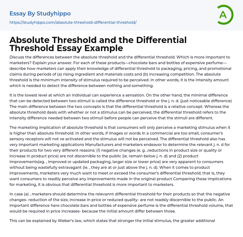 Absolute Threshold and the Differential Threshold Essay Example