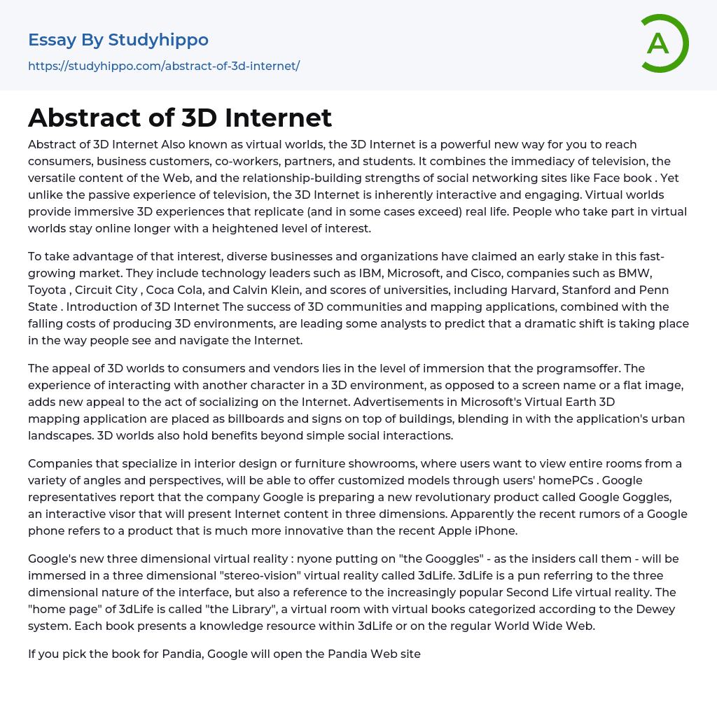 Abstract of 3D Internet Essay Example