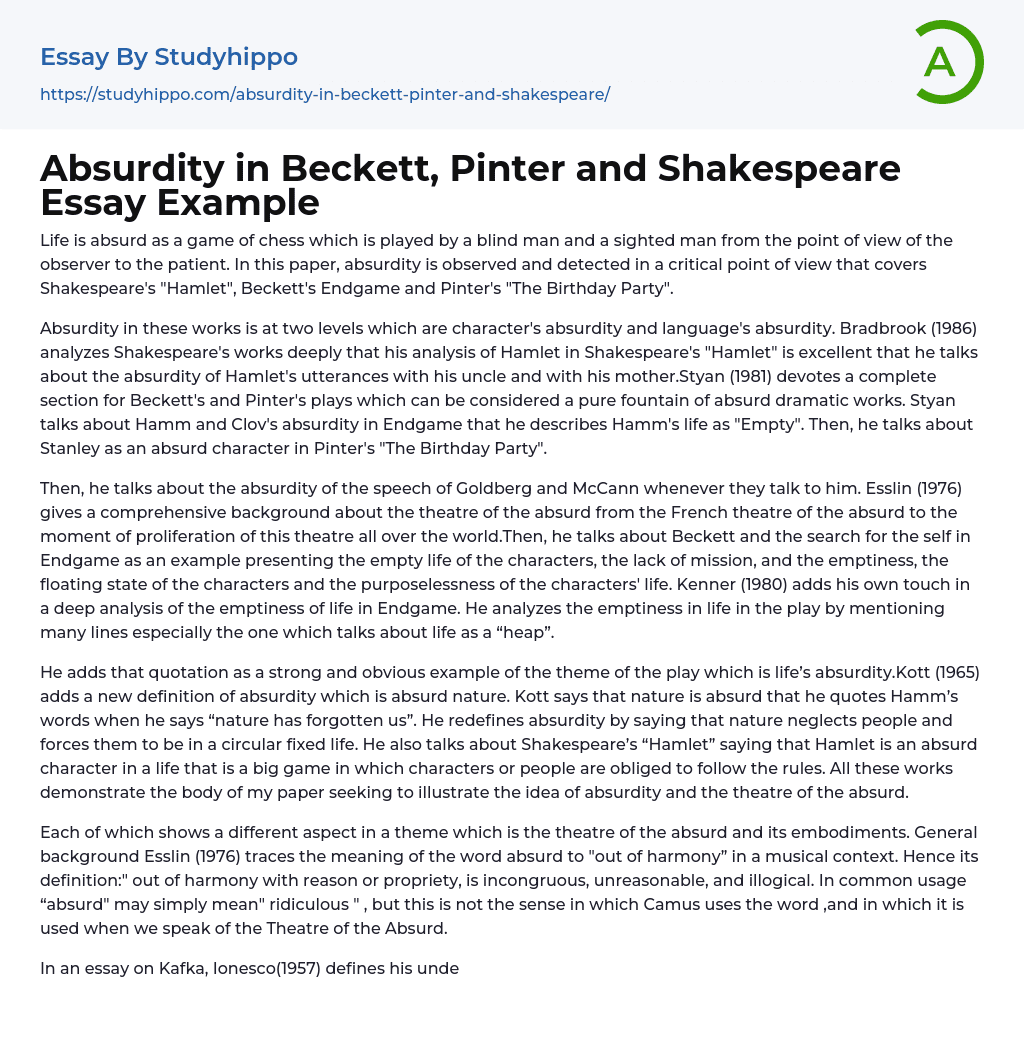 Absurdity in Beckett, Pinter and Shakespeare Essay Example