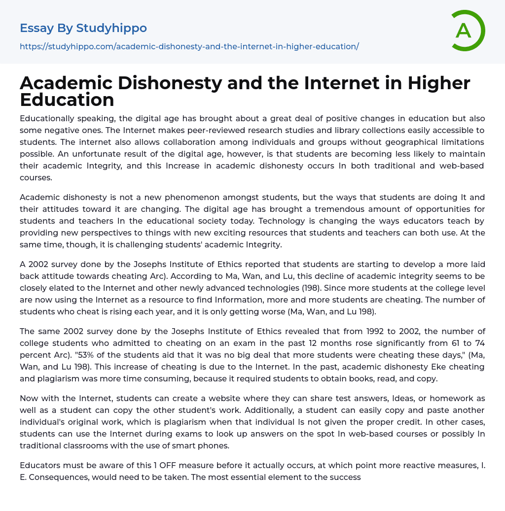 Academic Dishonesty and the Internet in Higher Education Essay Example