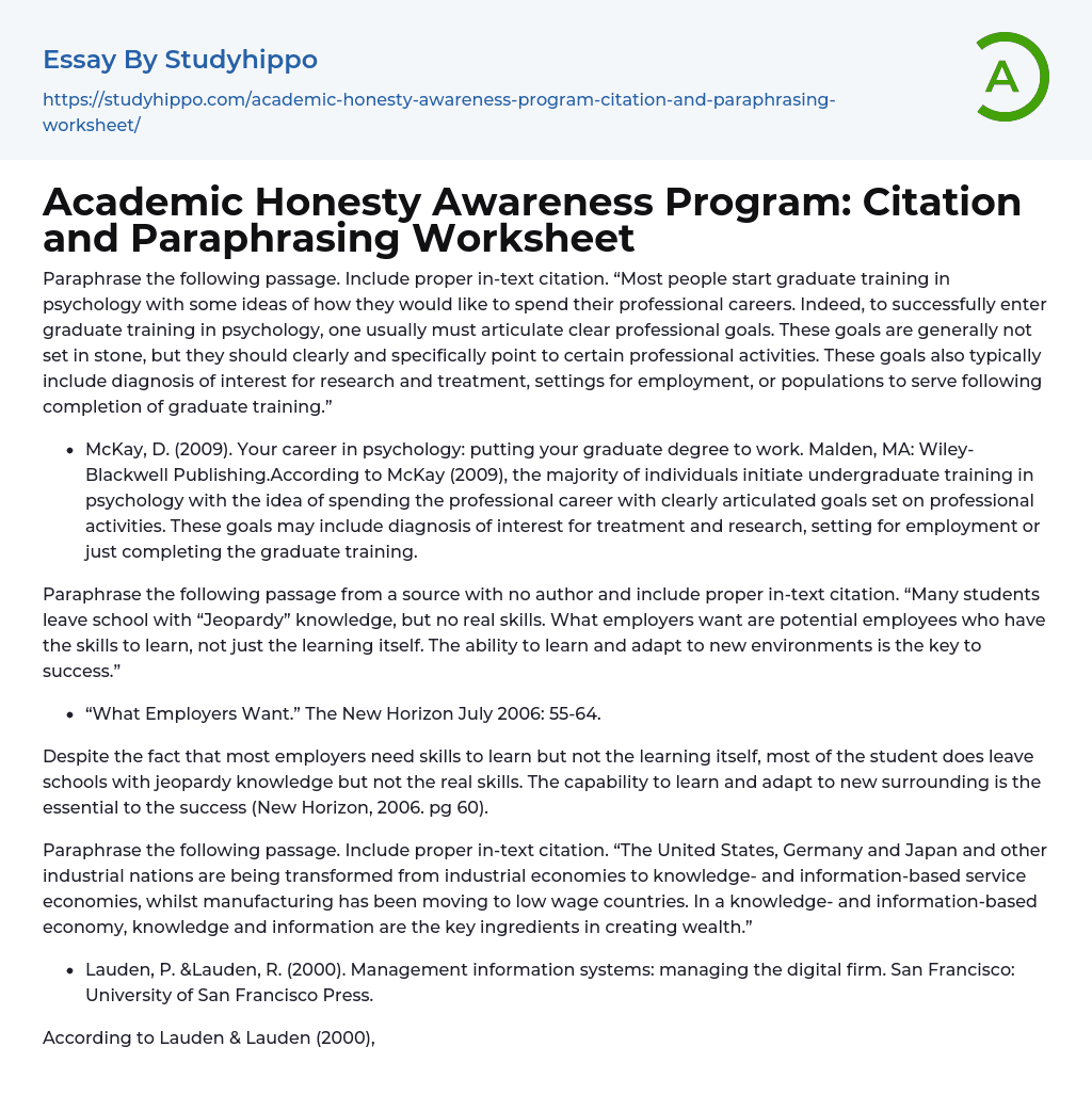 Academic Honesty Awareness Program: Citation and Paraphrasing Worksheet Essay Example