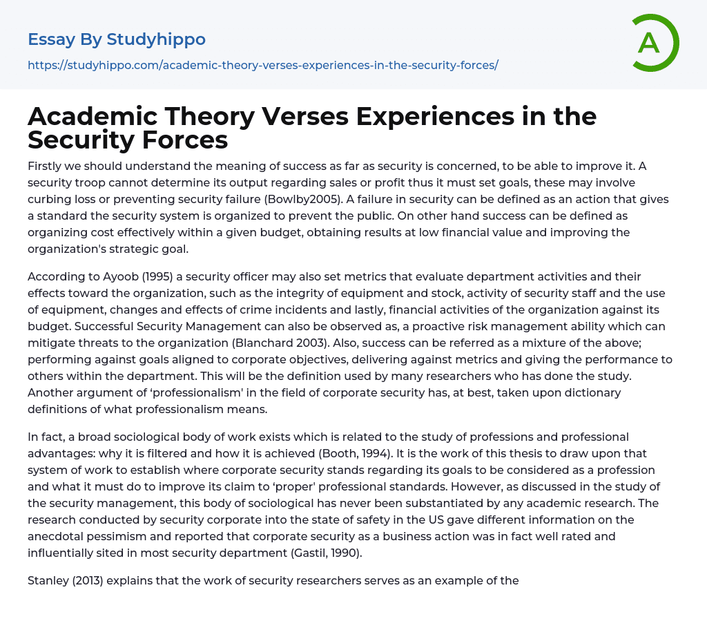Academic Theory Verses Experiences in the Security Forces Essay Example