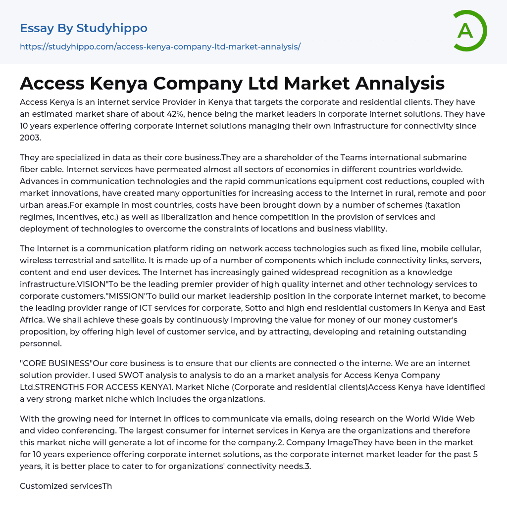 Access Kenya Company Ltd Market Annalysis Essay Example