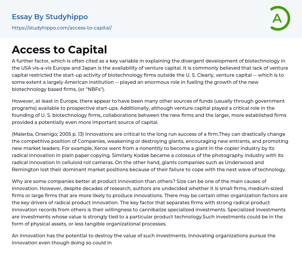 Access to Capital Essay Example