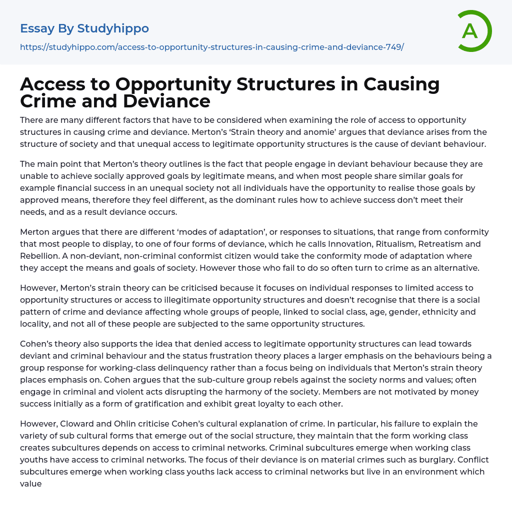 Access to Opportunity Structures in Causing Crime and Deviance Essay Example