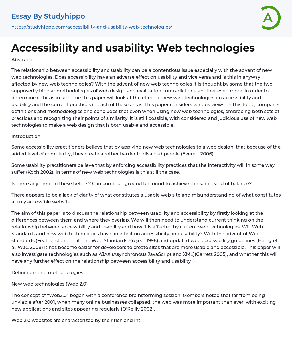 Accessibility and usability: Web technologies Essay Example