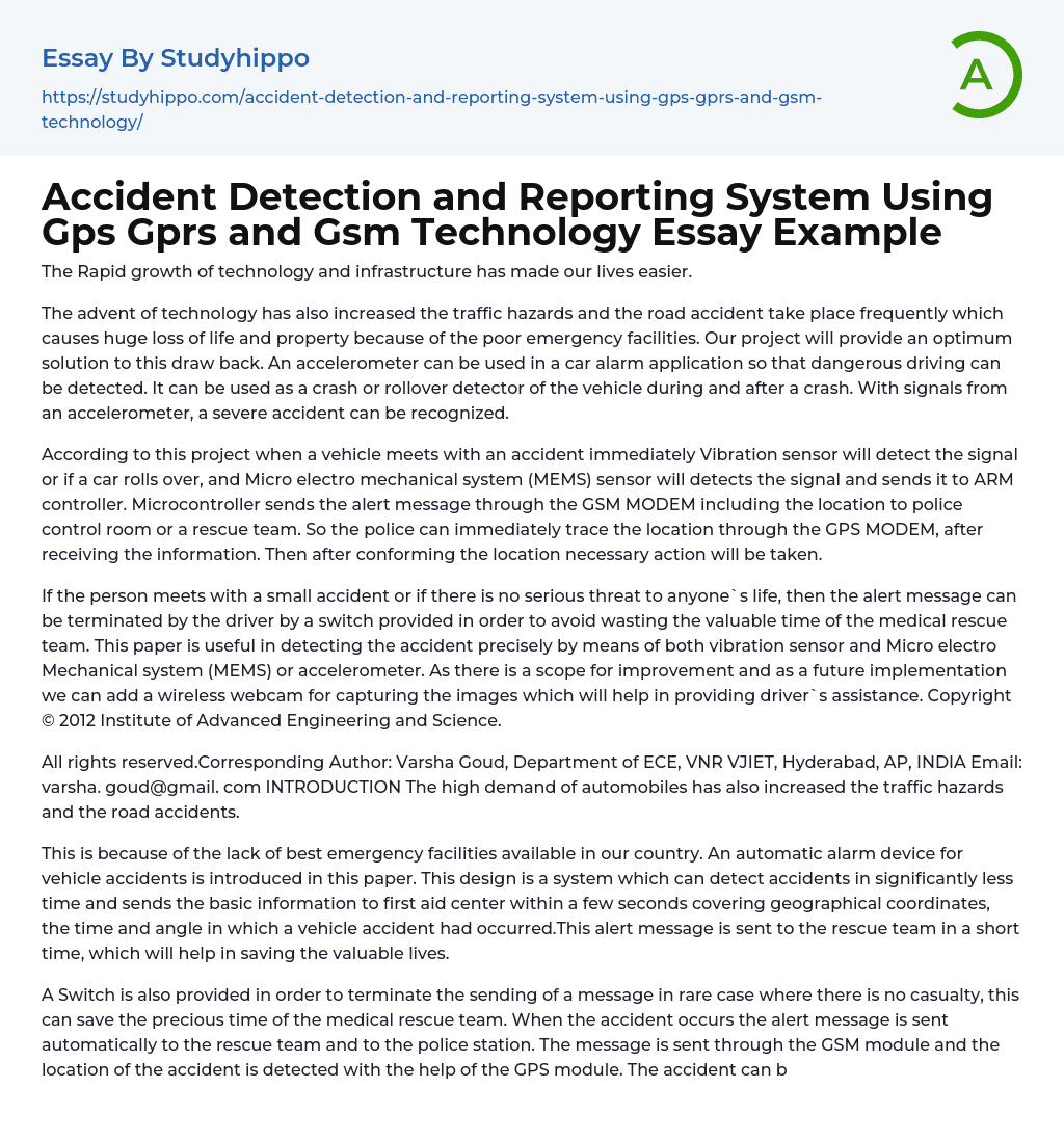 Accident Detection and Reporting System Using Gps Gprs and Gsm Technology Essay Example