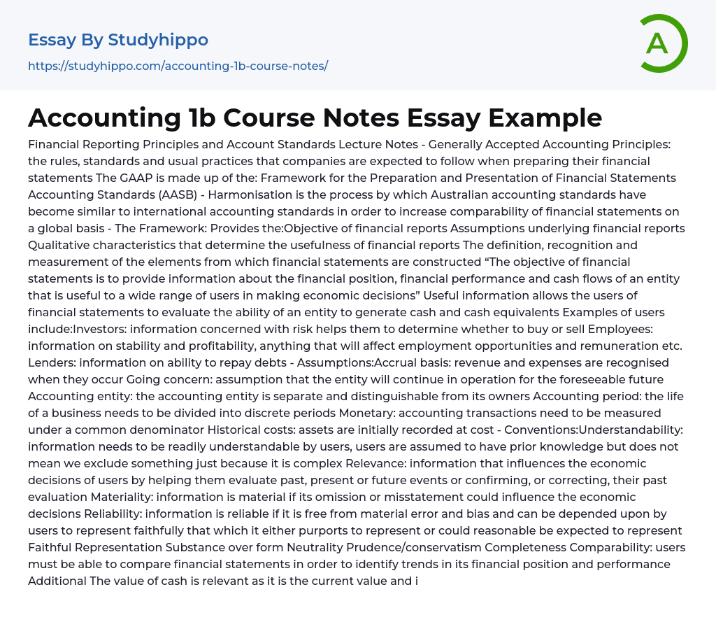 Accounting 1b Course Notes Essay Example
