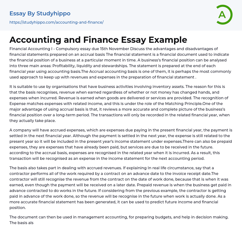 Accounting and Finance Essay Example