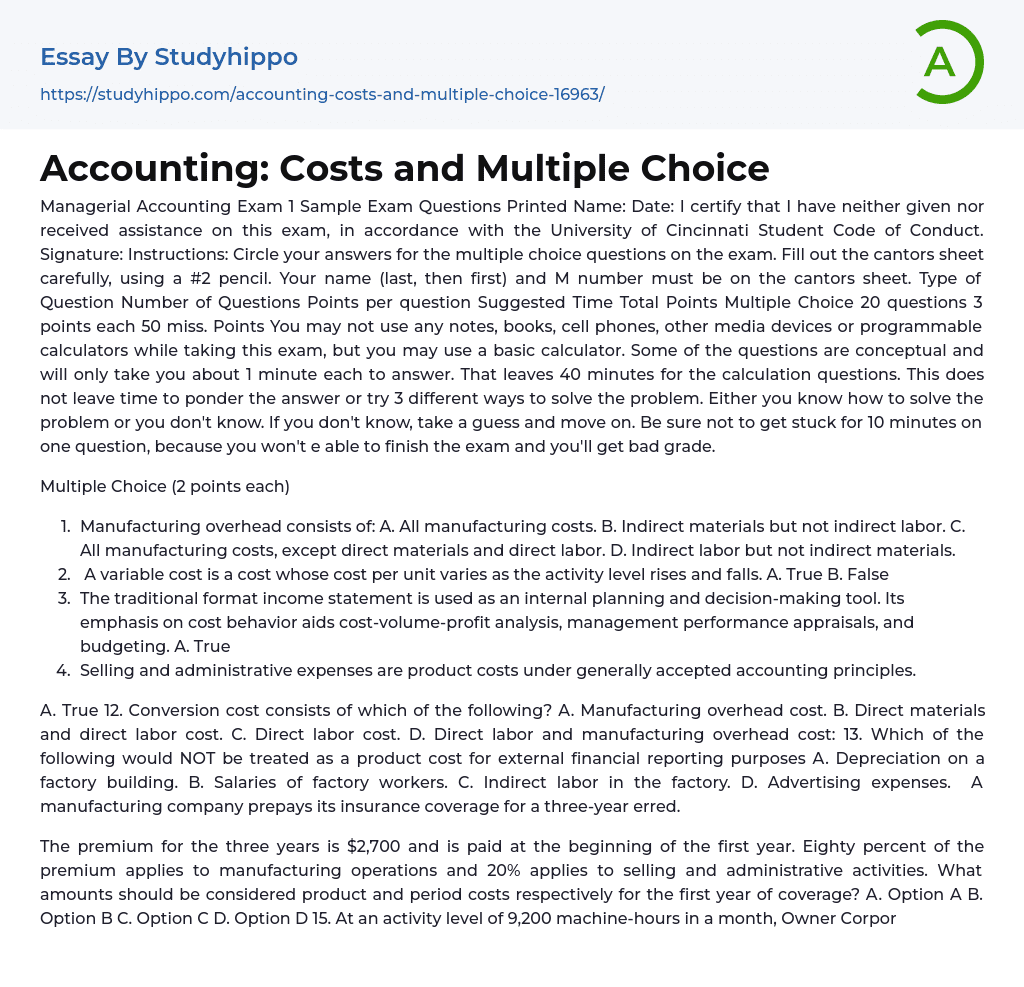 Accounting: Costs and Multiple Choice Essay Example
