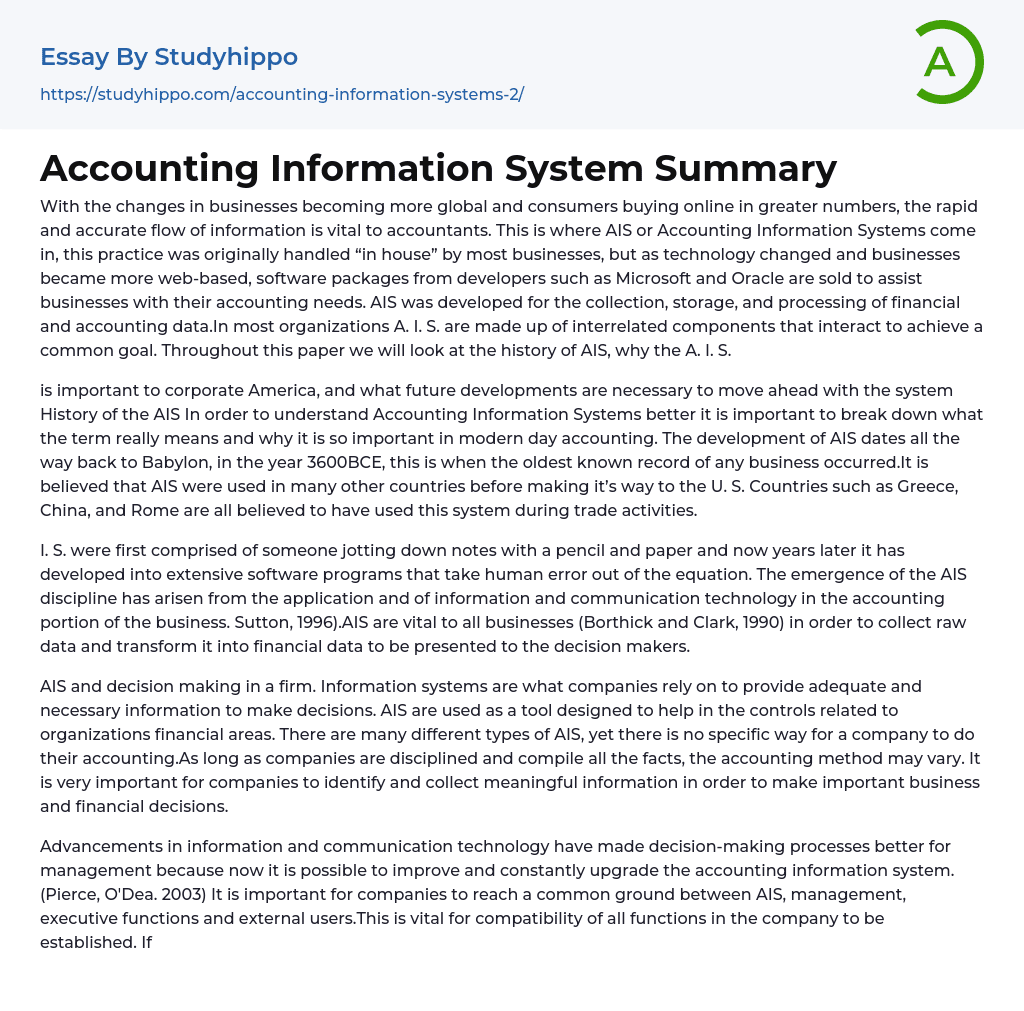 Accounting Information System Summary Essay Example