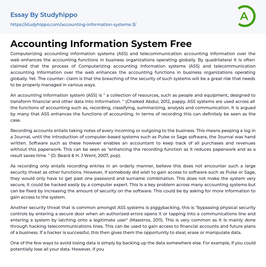 Accounting Information System Free Essay Example