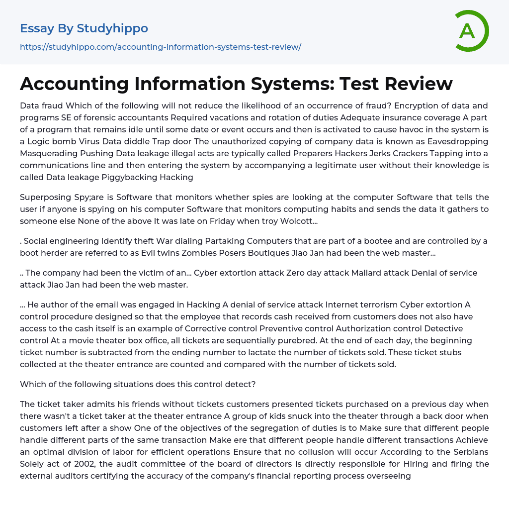 Accounting Information Systems: Test Review Essay Example