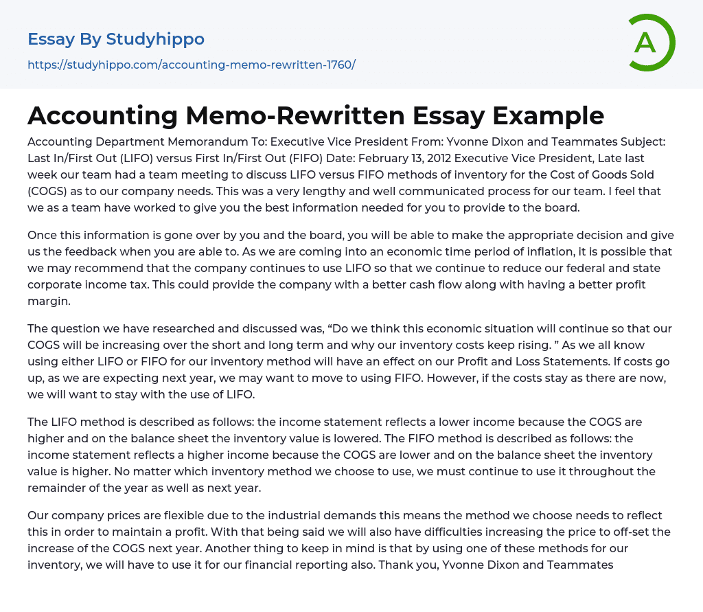 Accounting Memo-Rewritten Essay Example