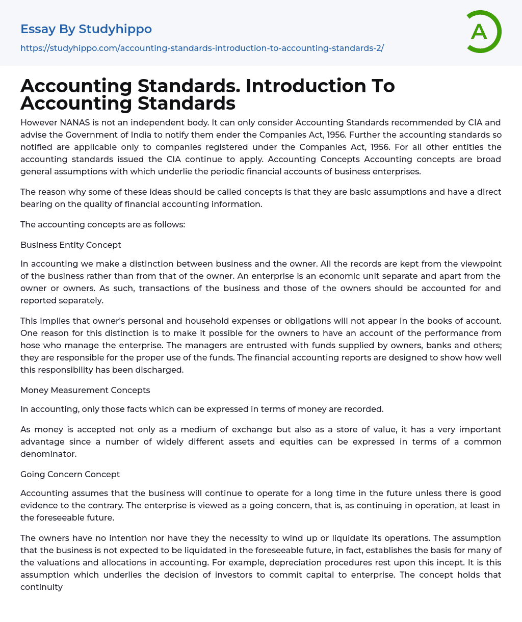 Accounting Standards. Introduction To Accounting Standards Essay Example