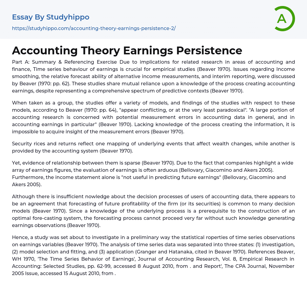 Accounting Theory Earnings Persistence Essay Example