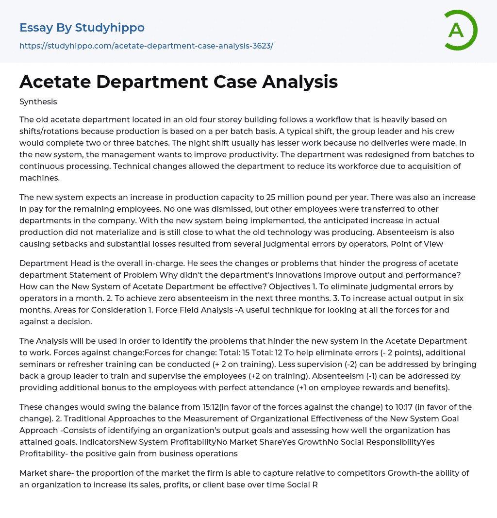 Acetate Department Case Analysis Essay Example