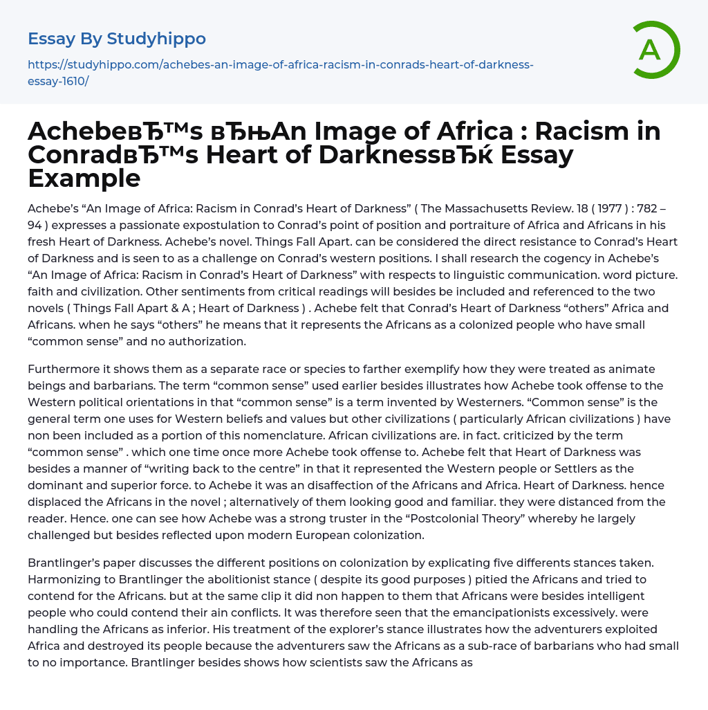 Achebe’s “An Image of Africa : Racism in Conrad’s Heart of Darkness” Essay Example