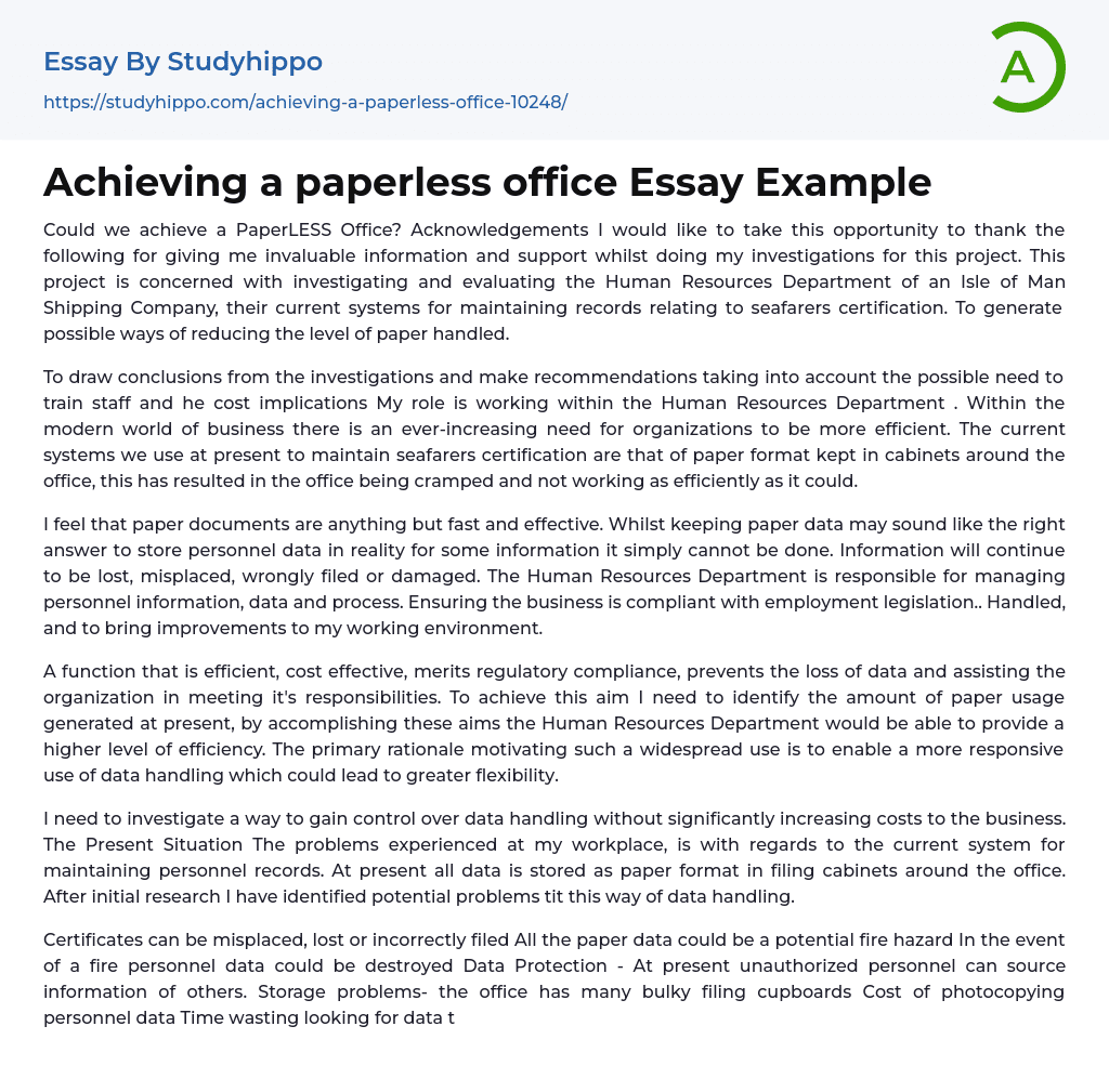 Achieving a paperless office Essay Example
